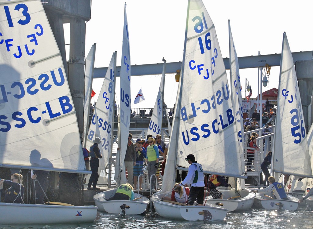 Teams switch boats behind Belmont Pier every 2 races - Rose Bowl Regatta 2012 © Rich Roberts http://www.UnderTheSunPhotos.com
